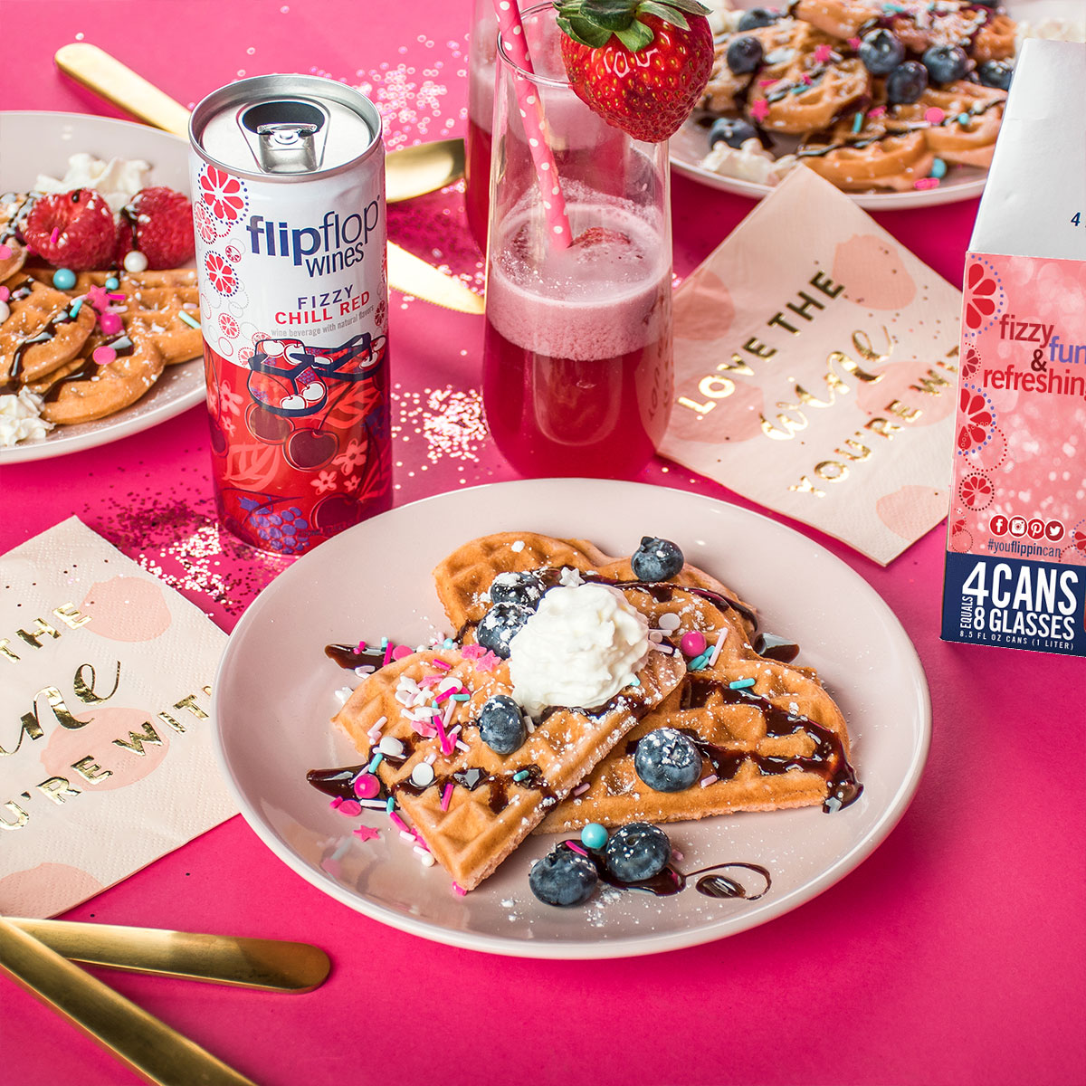 Heart-shaped waffles and flipflop fizzy chill red