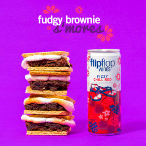 Fudgy brownie s'mores and fizzy chill red flipflop wine for a backyard movie night
